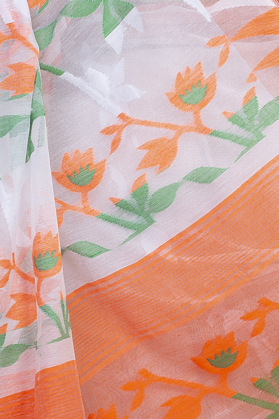 White Orange Blended Cotton Moha_Jamdani Jamdani Saree (808)